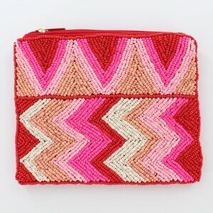 New KAY LEE NY Beaded Red/Pink ZigZag Coin Purse/Makeup Bag ❤️Made in India❤️